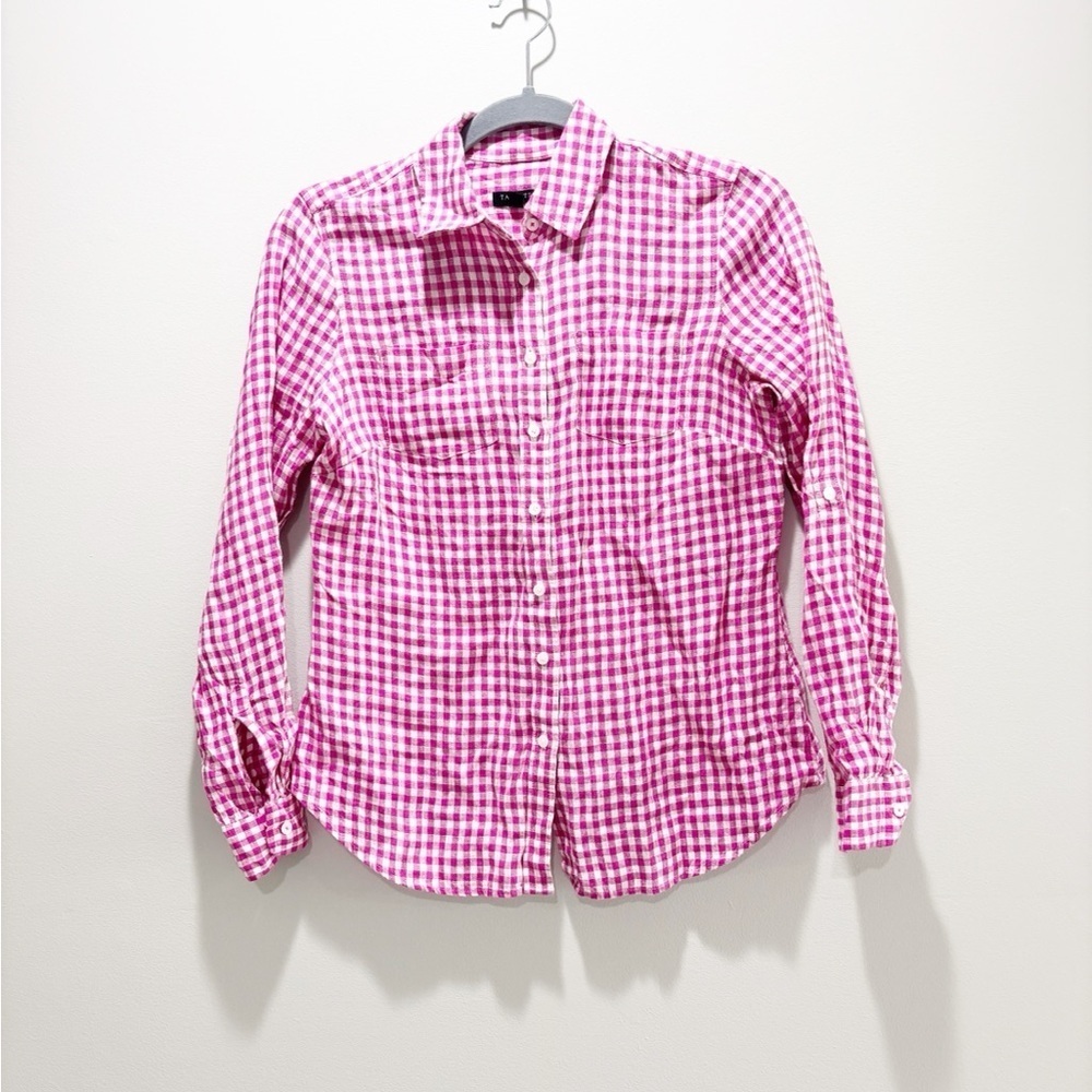 TALBOTS Women’s Linen Pink White Checked Button Down Shirt Picnic Size P
